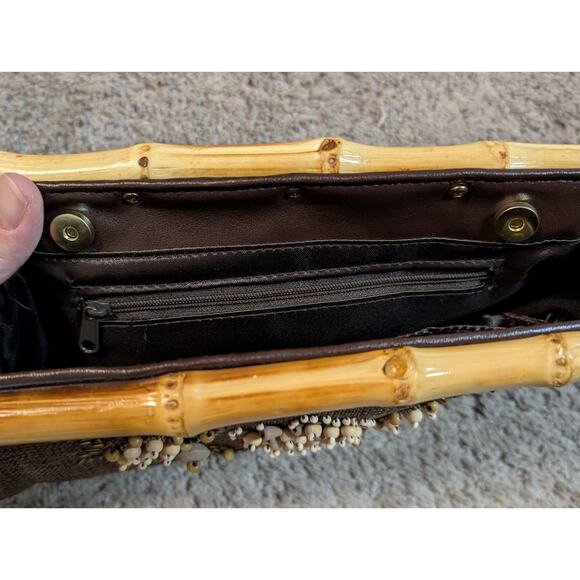 Vintg Boho Beaded Brown Fabric Clutch Bamboo Cane Handles Floral Earthy Hippie - Picture 3 of 6